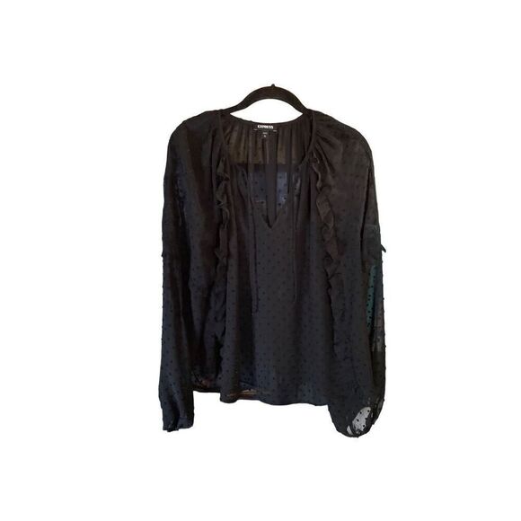 express women’s black sheer Swiss dot V neck, blouse, size large - Picture 1 of 5